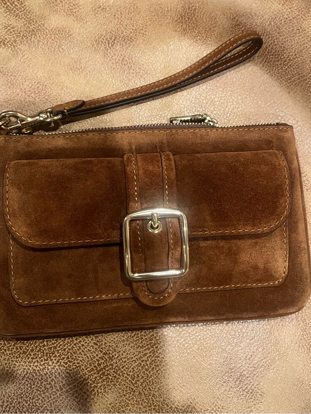 Coach Brown Suede Wristlet Clutch with Buckle